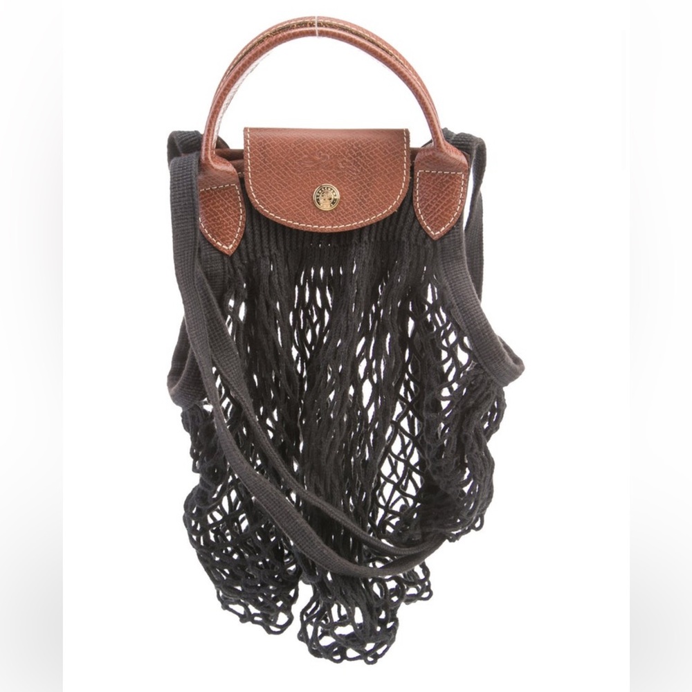 Longchamp Black Mesh Tote with Brown Leather Trim